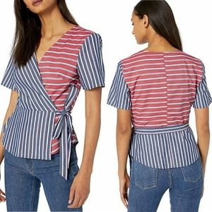 BCBGeneration Red & Blue Mixed Print Wrap Top Sz M